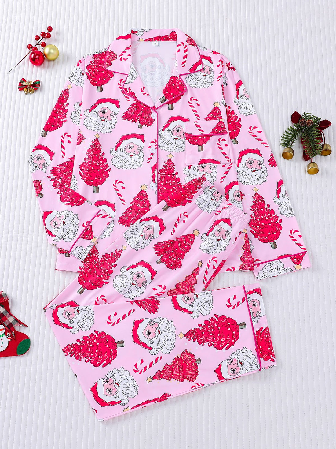 Damen-Pyjama-Set, gestreift, Weihnachtsbaum-Druck, Reverskragen