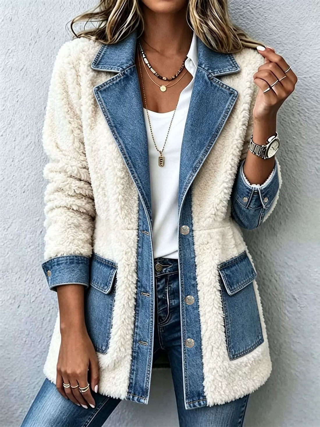Lammfleece-Jacke mit Revers und Knopfleiste