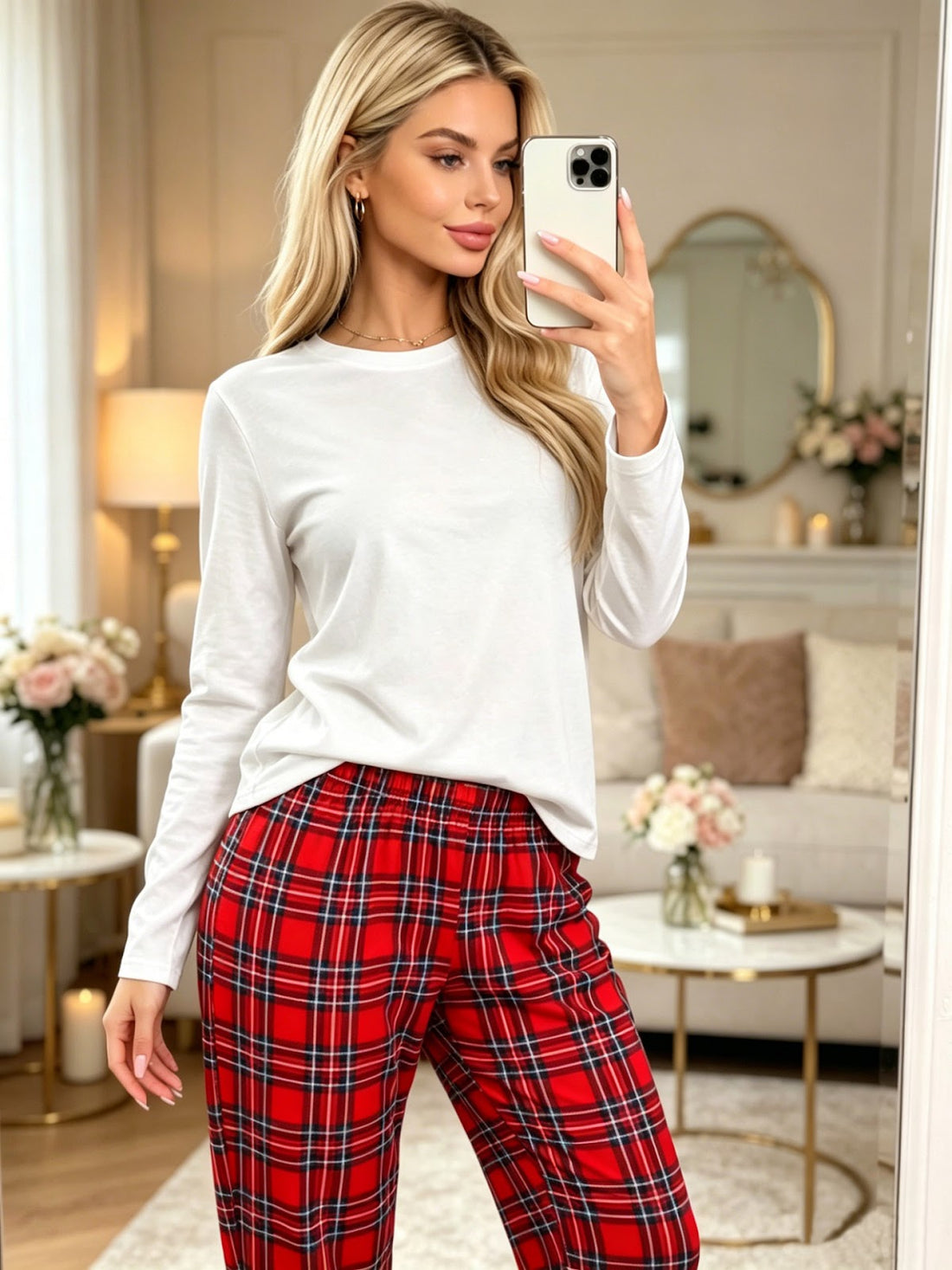 Damen-Pyjama-Set, Langarm, Karierte Hose, Weihnachtsmotiv