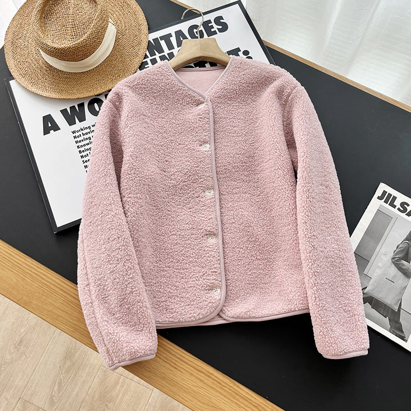 Warme Lammfleece-Strickjacke mit Rundhalsausschnitt für Damen