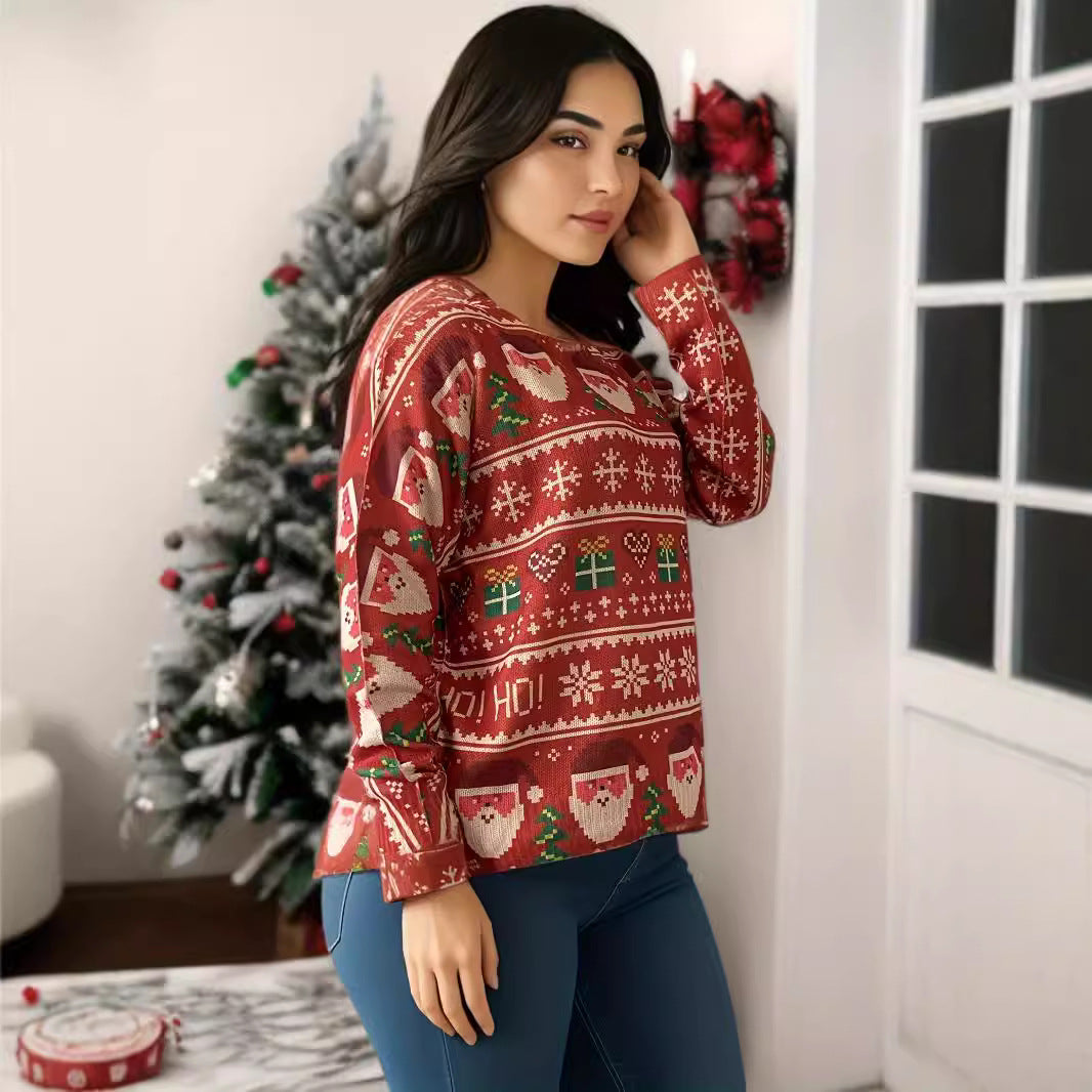 Lockerer Damen-Pullover mit Weihnachtsmann-Print