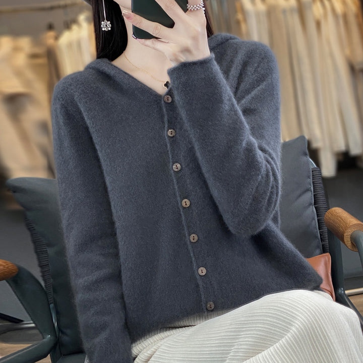 Damen-Strickjacke aus Merinowolle mit Kapuze