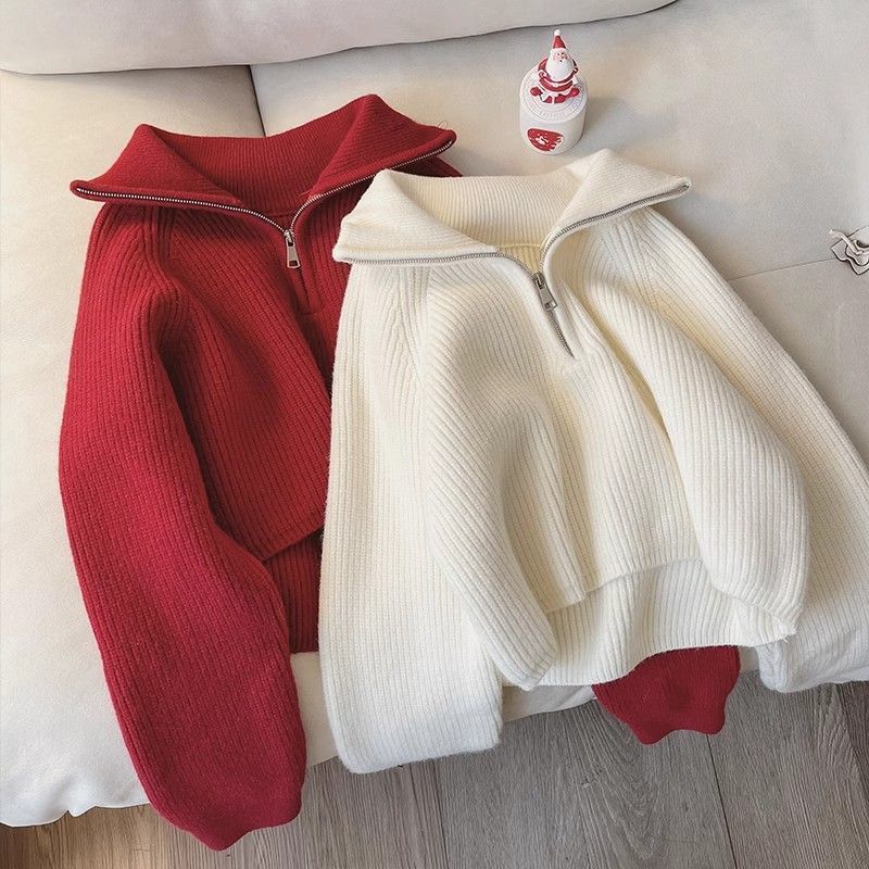 Lockerer Strickpullover mit Reißverschluss und Umlegekragen