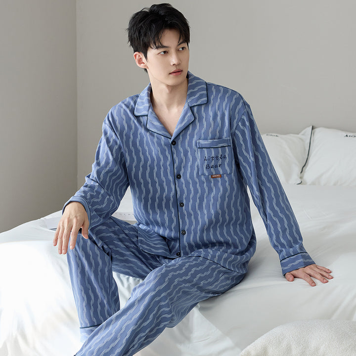 Herren-Pyjama-Set, Baumwolle, gestreift/kariert, Langarm