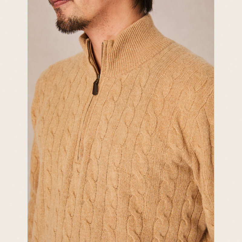 Herren-Strickpullover, Stehkragen mit Reißverschluss, Zopfmuster