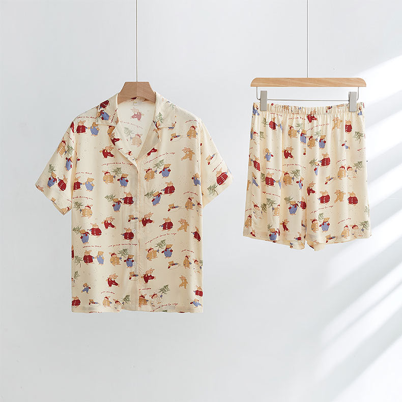 Damen-Pyjama-Set, Satin-Optik, Weihnachtshasen-Druck