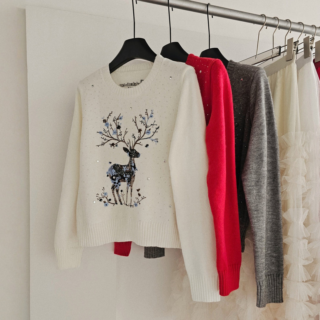 Strickpullover mit Rentier-Stickerei und Pailletten