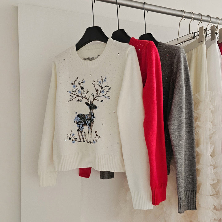 Strickpullover mit Rentier-Stickerei und Pailletten