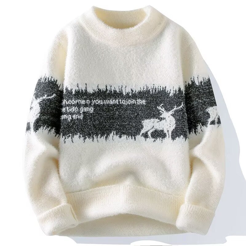 Herren-Strickpullover mit Rentier-Motiv und Stehkragen