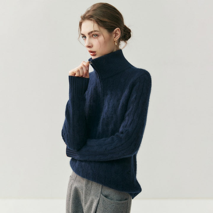 Damen-Strickpullover mit Reißverschluss und Zopfmuster