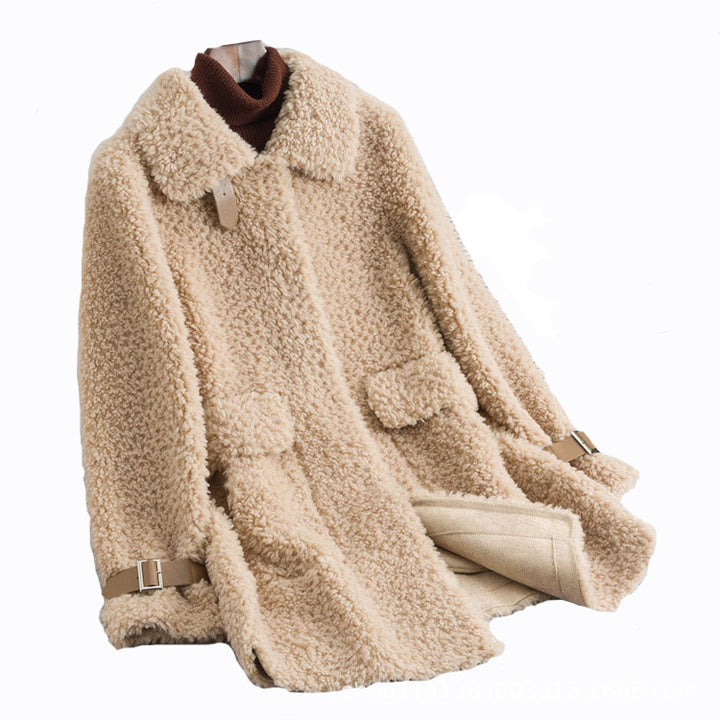 Damen-Mantel aus Lammfell-Imitat, mittellang