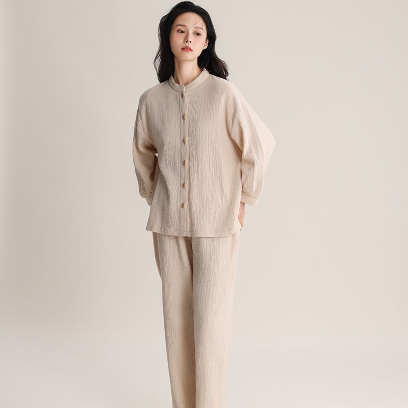 Damen-Pyjama-Set, Doppelschicht-Gaze, V-Ausschnitt