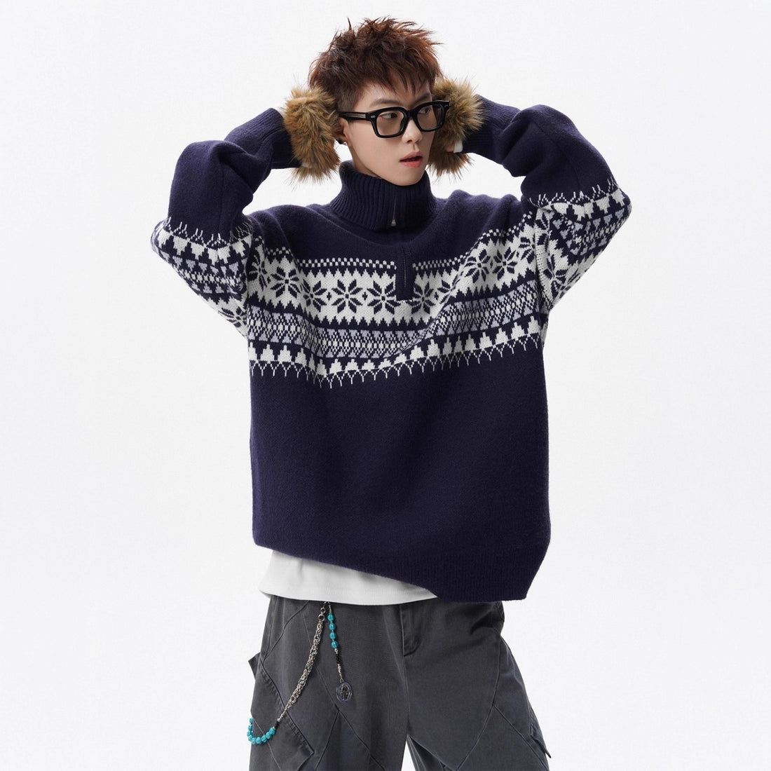 Unisex Strickpullover mit Stehkragen und Reißverschluss