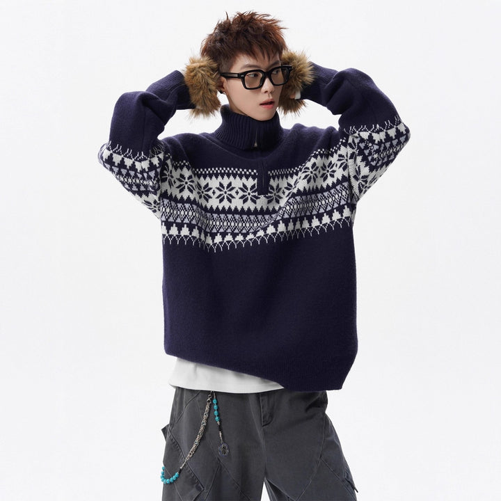 Unisex Strickpullover mit Stehkragen und Reißverschluss
