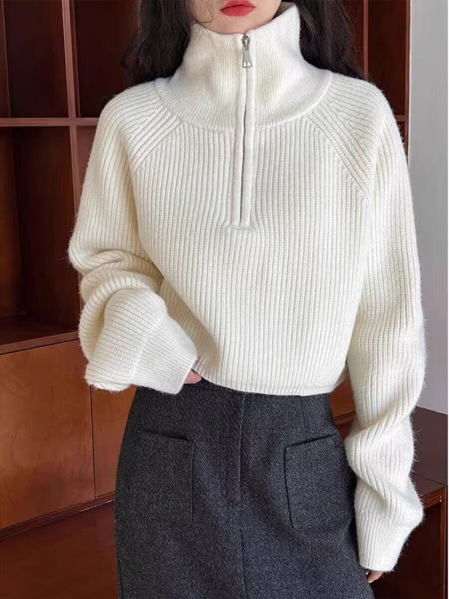 Amerikanischer Retro-Strickpullover mit halbem Reißverschluss