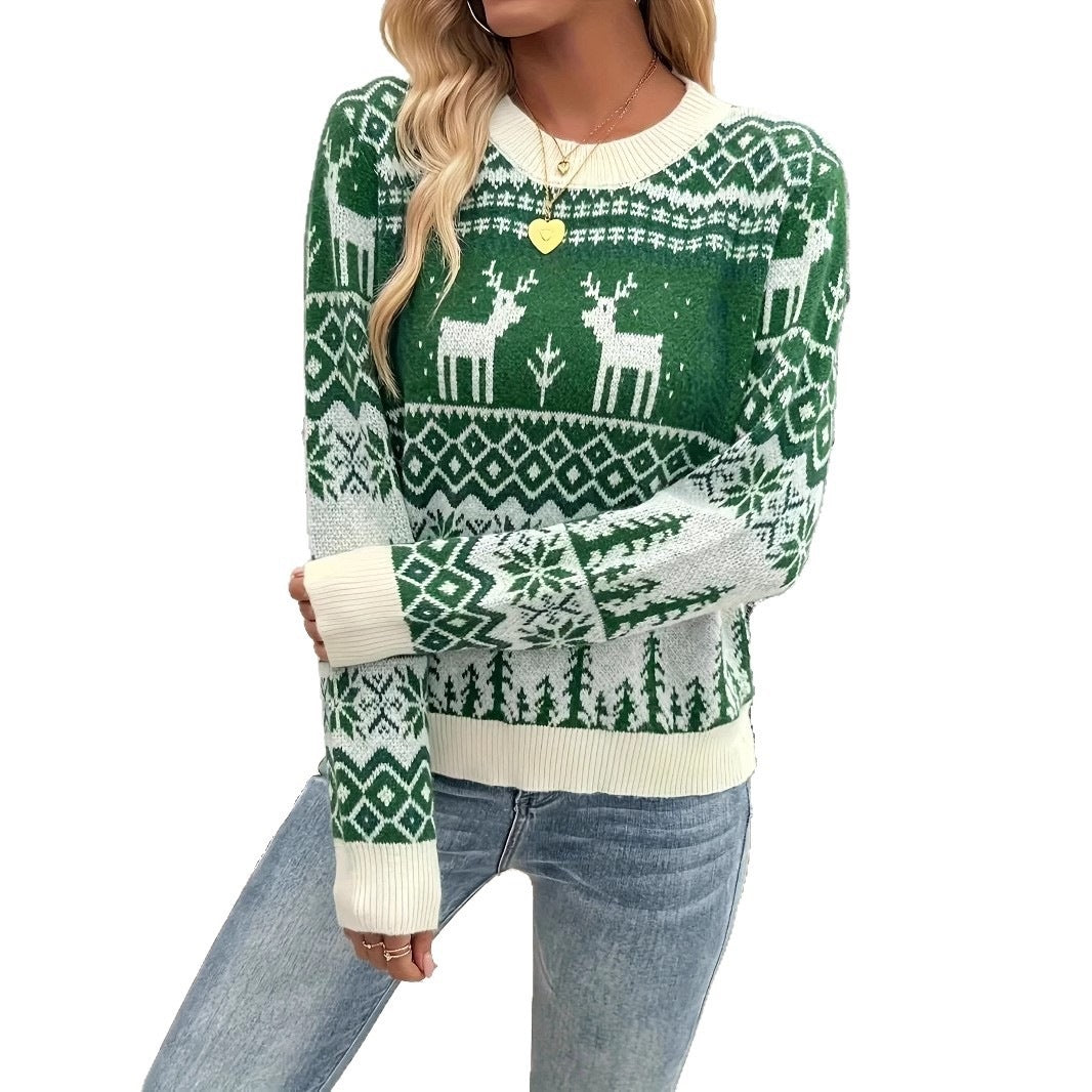 Retro-Weihnachtspullover für Damen mit Rentier-Jacquard