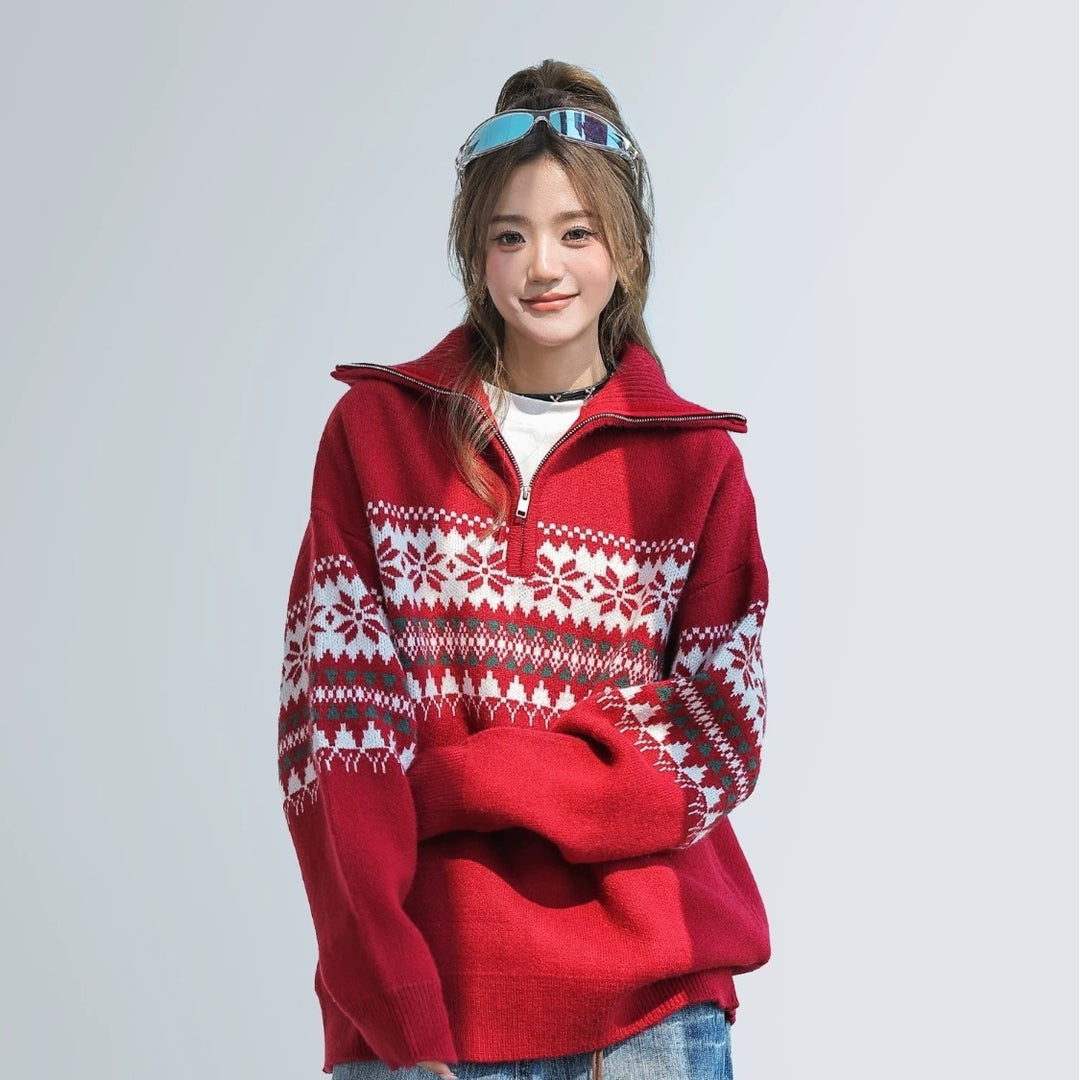 Damen-Strickpullover mit Reißverschluss und Kragen