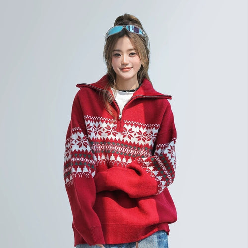Damen-Strickpullover mit Reißverschluss und Kragen