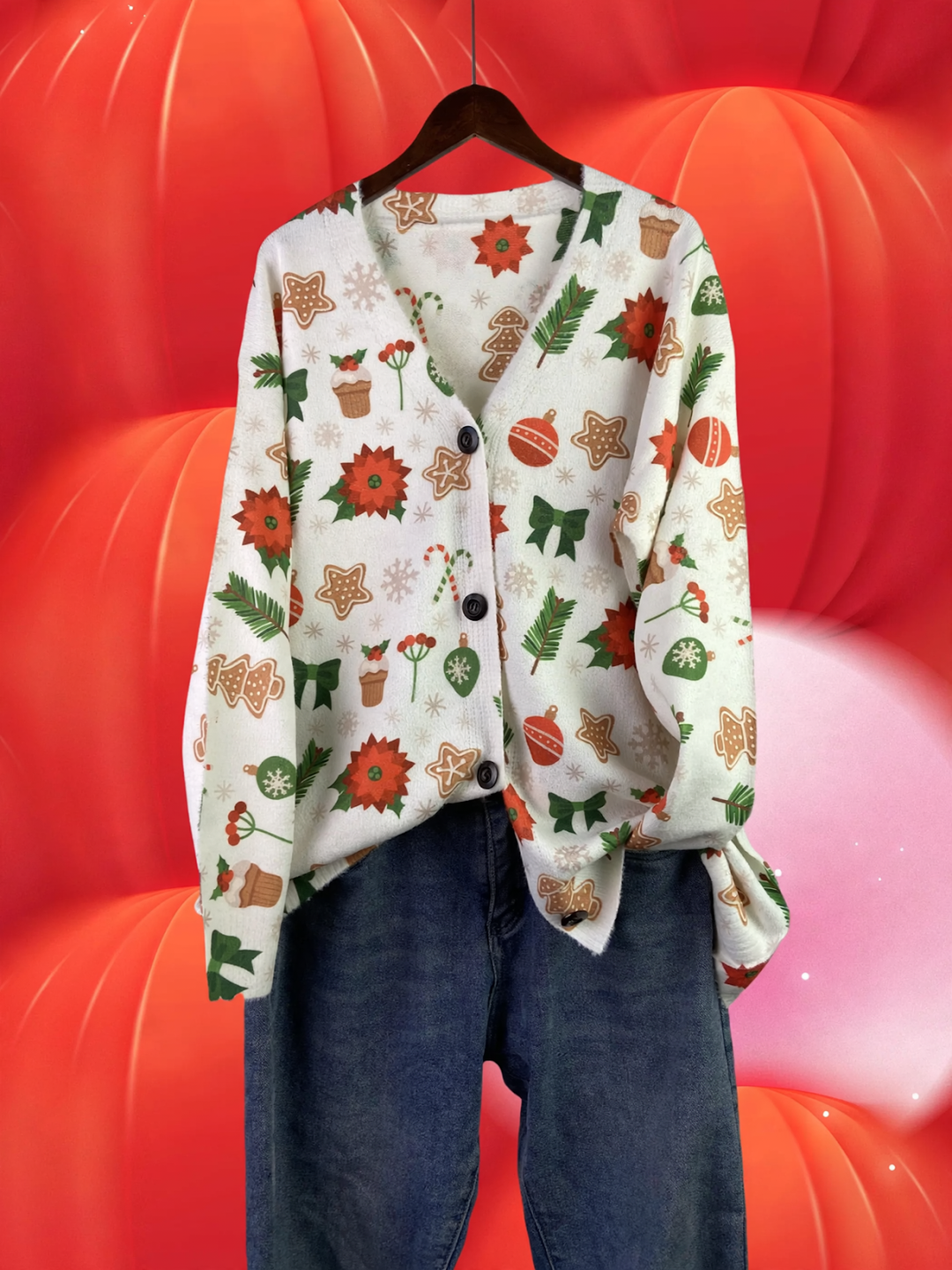 Festliche Strickjacke mit Weihnachtsmotiven, V-Ausschnitt