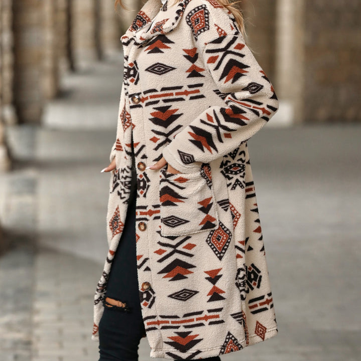 Damen-Mantel mit Ethno-Print, lang, geknöpft