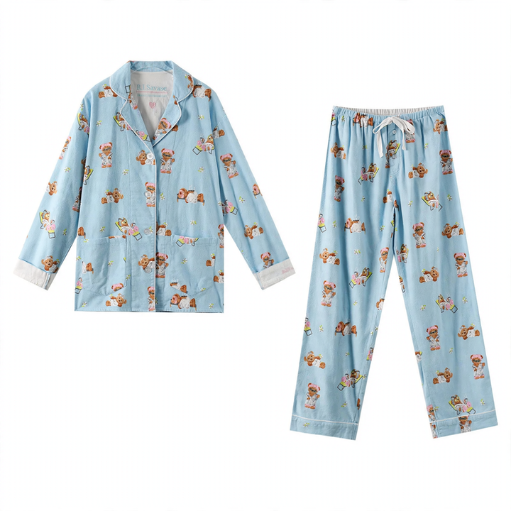 Damen-Schlafanzug, Baumwolle, beidseitig angeraut, warm