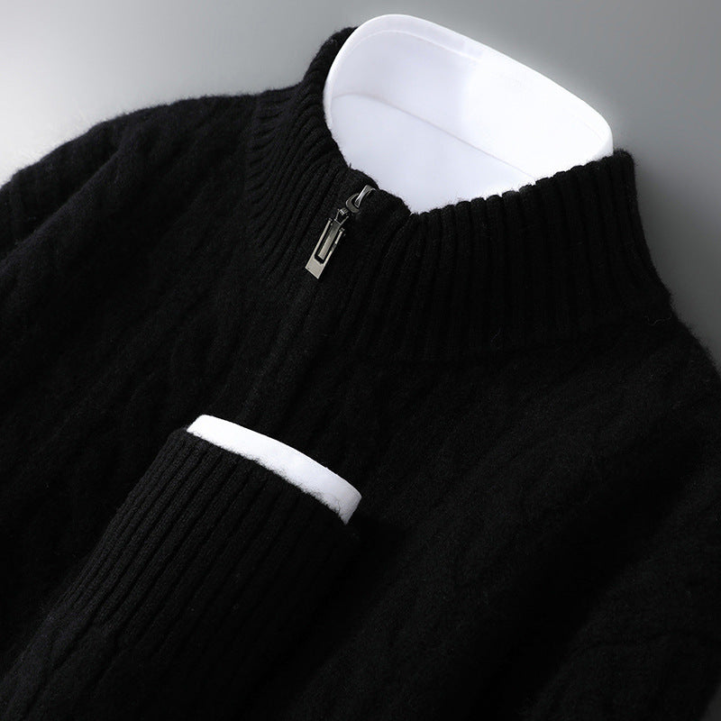 Herren-Wollpullover, 100% Wolle, Reißverschluss, Zopfmuster