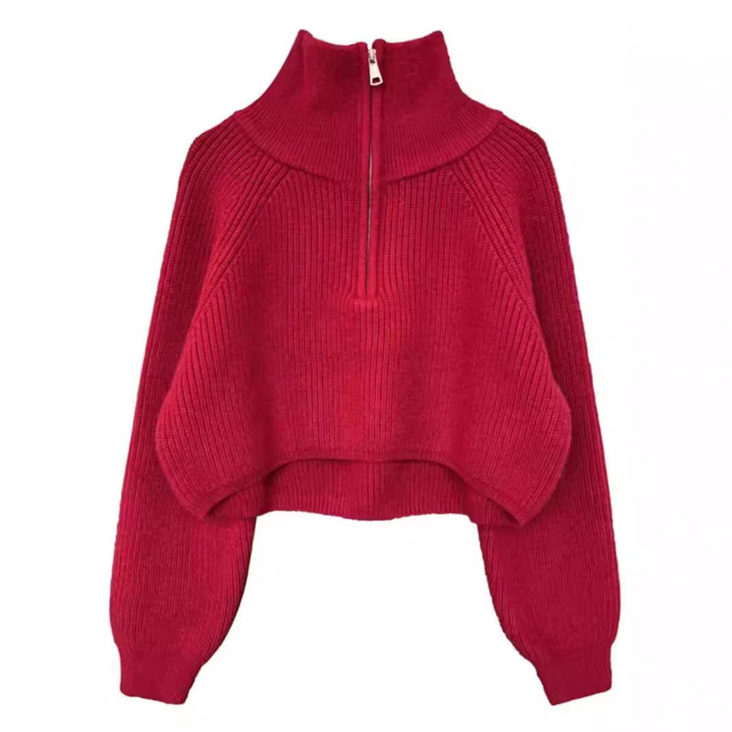 Amerikanischer Retro-Strickpullover mit halbem Reißverschluss
