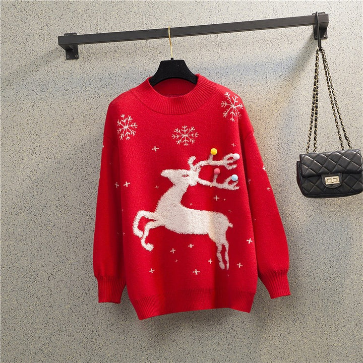 Lockerer Damen-Weihnachtspullover mit Rentier-Motiv