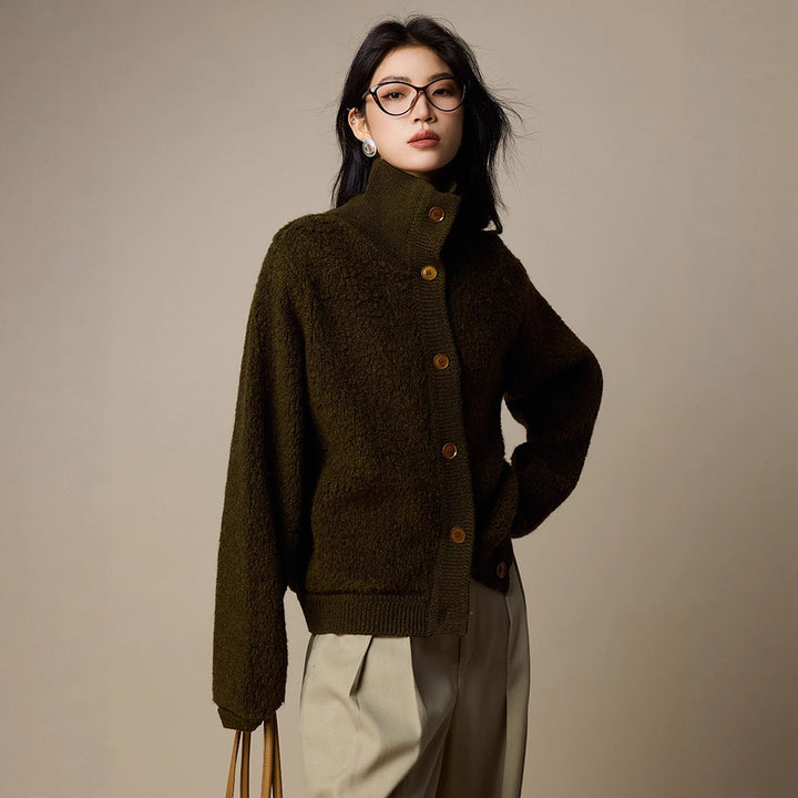 Damen-Strickjacke aus Wolle, hochgeschlossen
