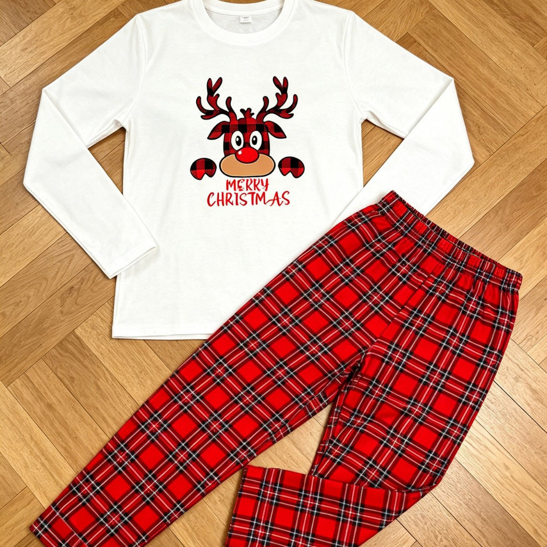 Damen-Pyjama-Set, Langarm, Karierte Hose, Weihnachtsmotiv
