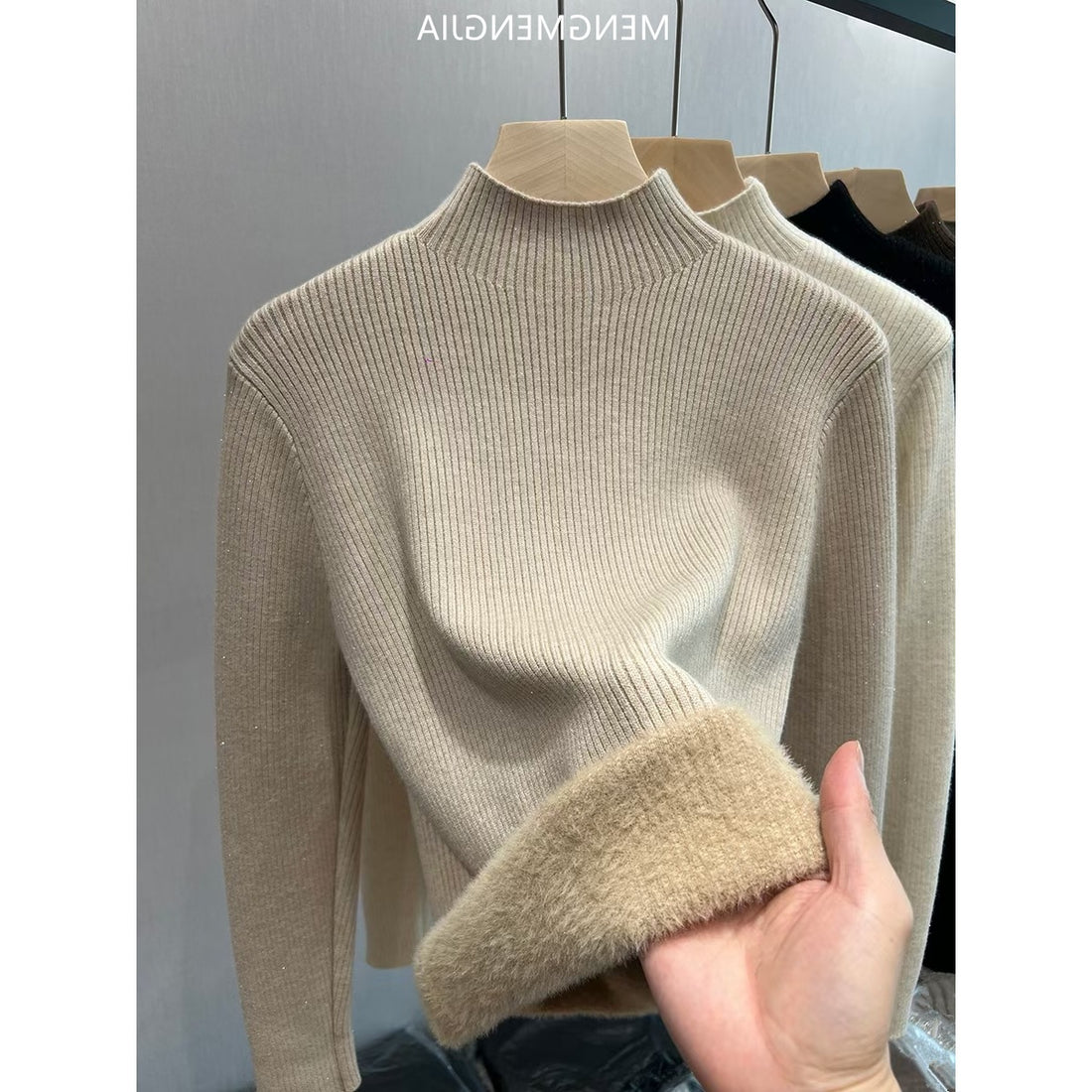 Damen-Strickpullover, gefüttert, Stehkragen, warm
