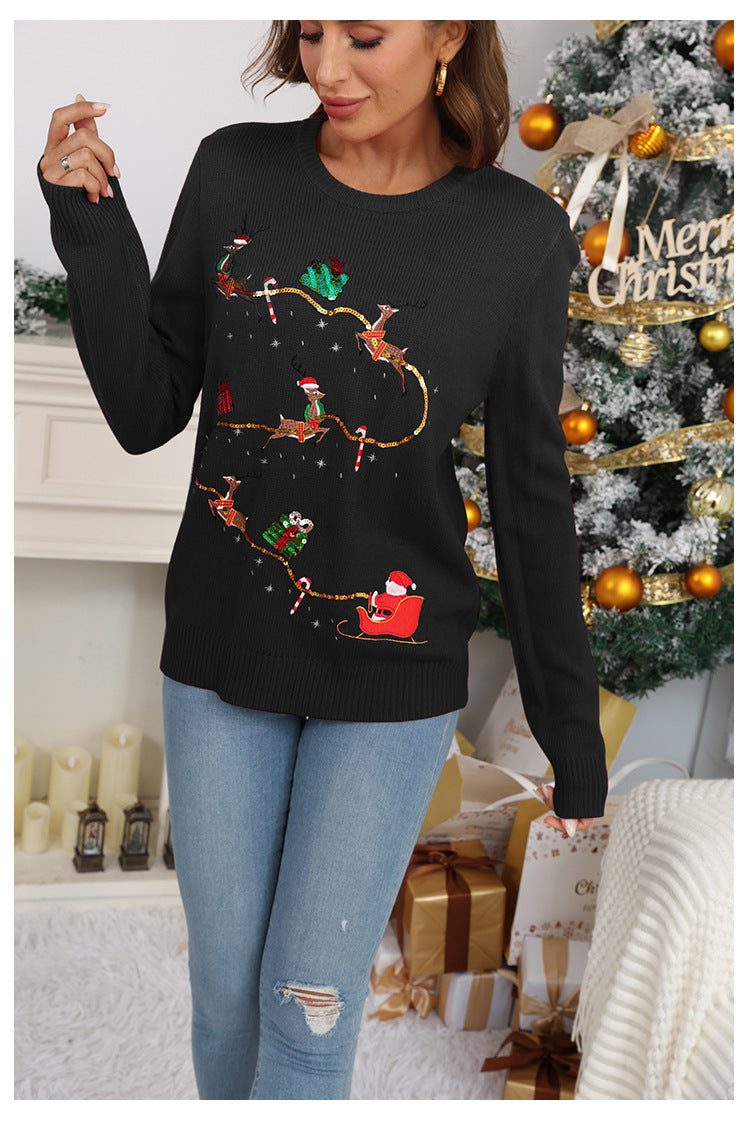 Weihnachtspullover für Damen, lockerer Strick mit Tiermotiv