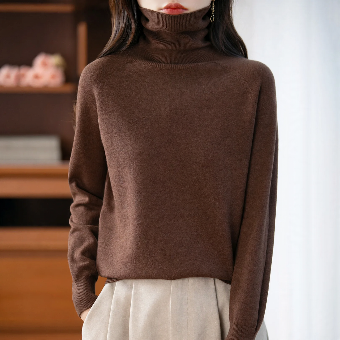 Damen-Strickpullover mit hohem Kragen, locker