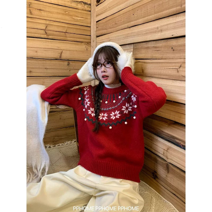 Gefütterter Strickpullover in Weihnachtsrot