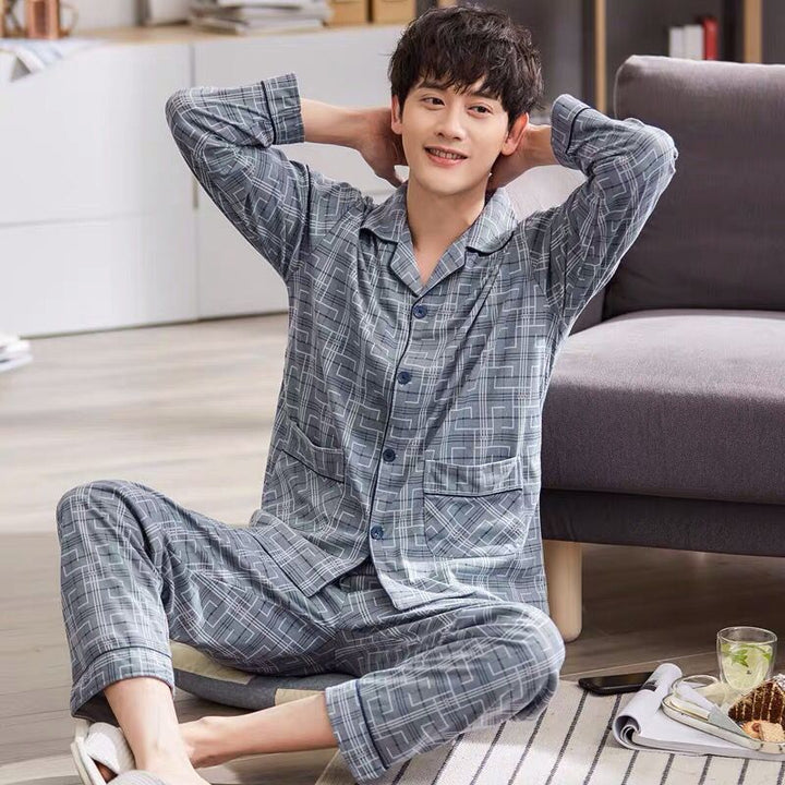 Herren-Pyjama-Set, 100% Baumwolle, langärmelig, geknöpft