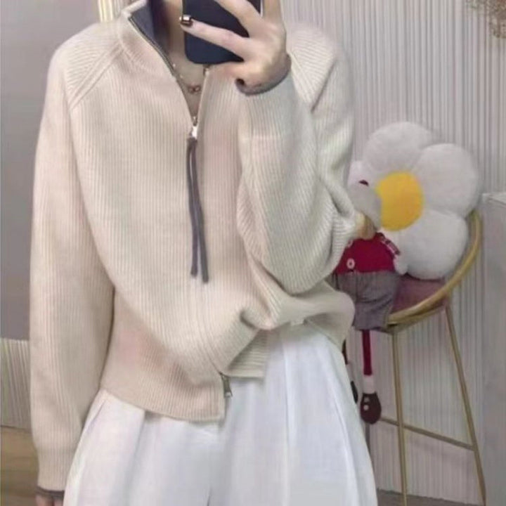 Damen-Strickjacke mit Reißverschluss und Farbblock-Design