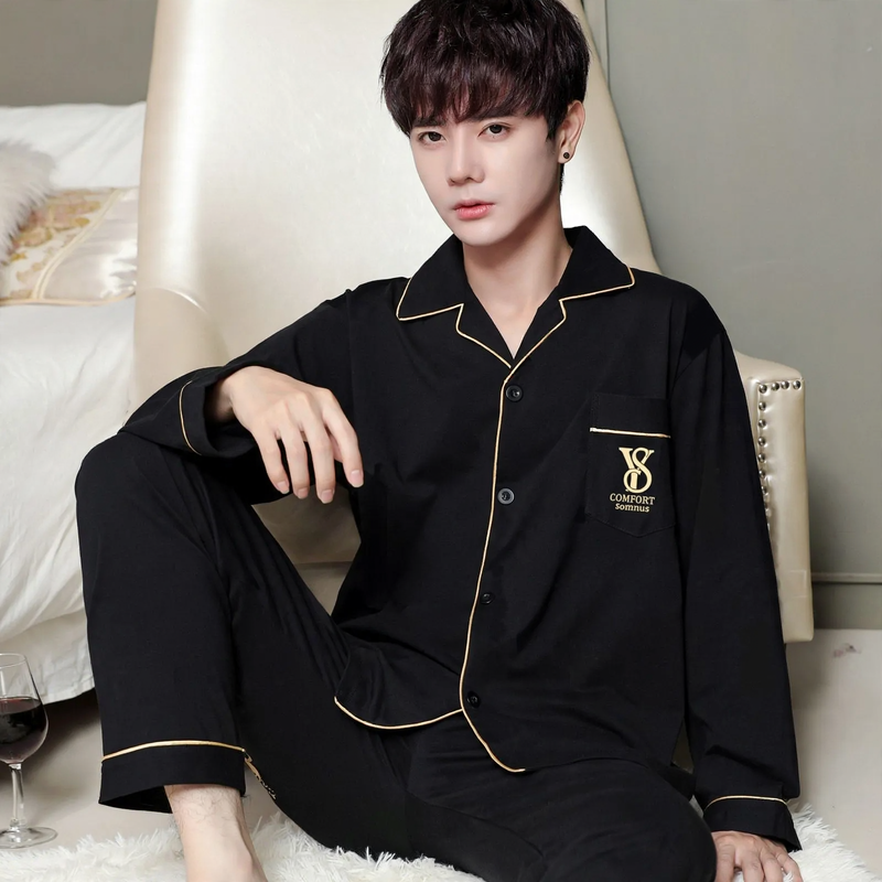 Herren-Pyjama-Set, 100% Baumwolle, langärmelig, geknöpft