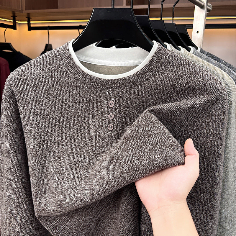 Herren-Strickpullover, Rundhalsausschnitt, Langarm, Fake-Layer-Optik