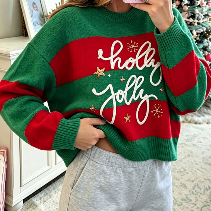 Weihnachtlicher Strickpullover mit Buchstaben-Motiv