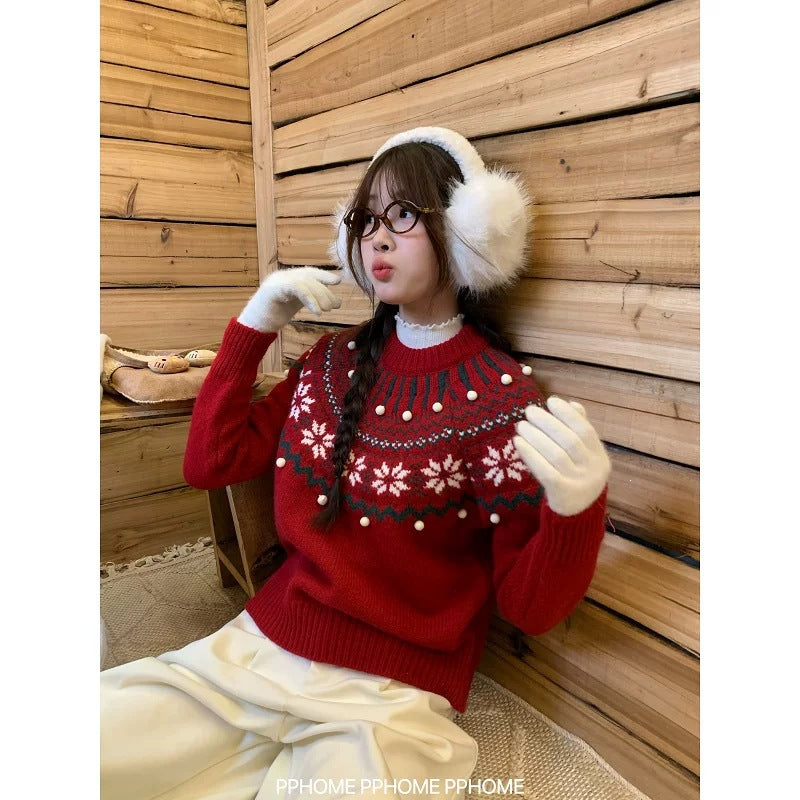 Gefütterter Strickpullover in Weihnachtsrot