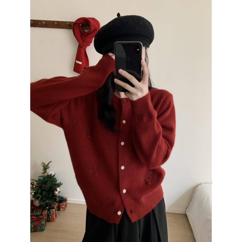 Weihnachtlicher Strickpullover mit Rentier-Stickerei