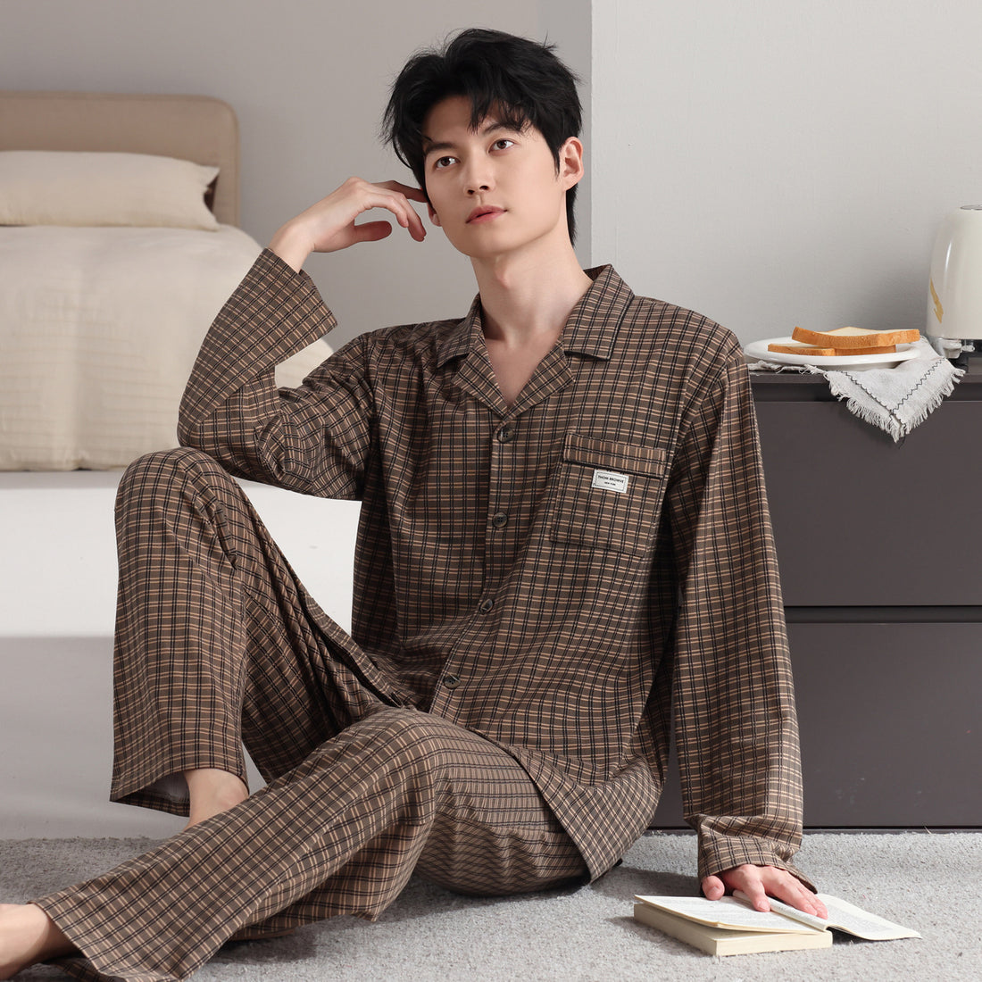 Herren-Pyjama-Set, kariert, Baumwolle, Vintage-Stil