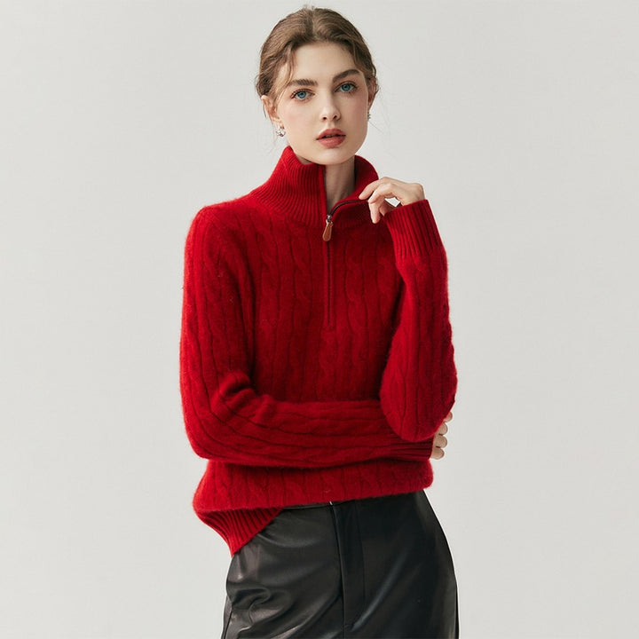 Damen-Strickpullover mit Reißverschluss und Zopfmuster