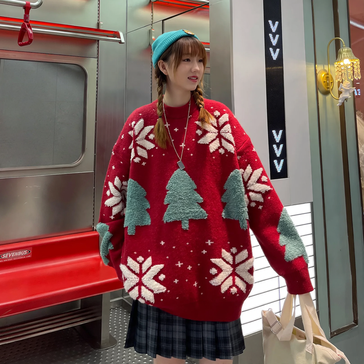 Lockerer Weihnachts-Strickpullover mit Rentier-Motiv