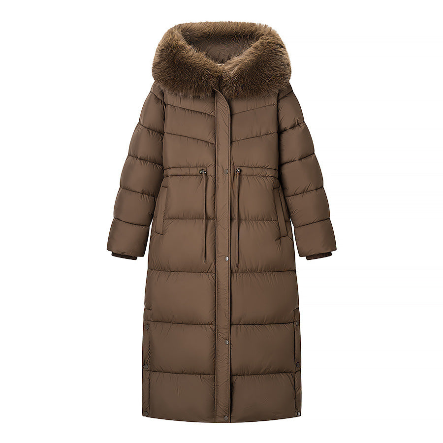 Lange Damen-Steppjacke mit Kapuze und Kunstfellbesatz