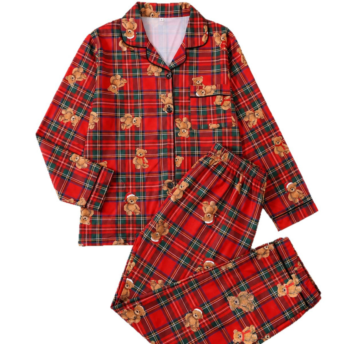 Damen-Pyjama-Set, Langarm, Kariert mit Cartoon-Motiv