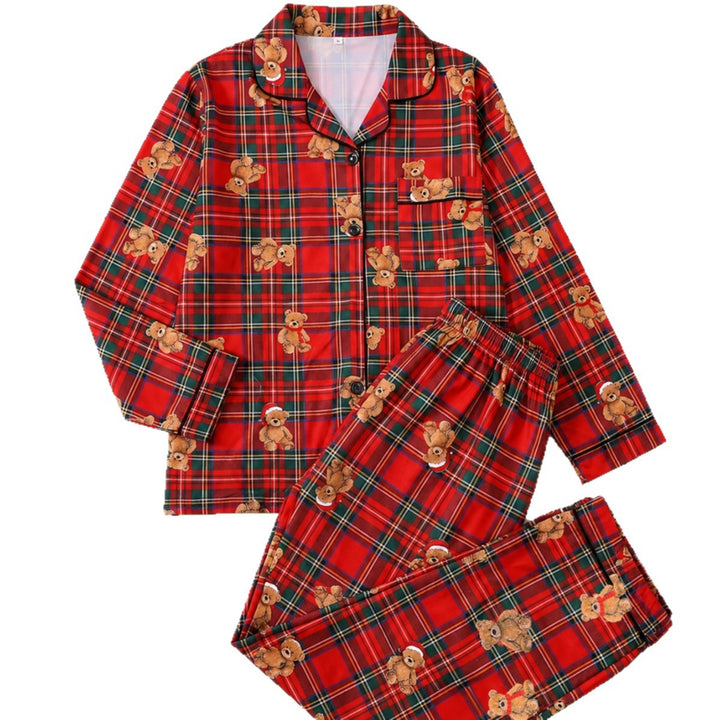 Damen-Pyjama-Set, Langarm, Kariert mit Cartoon-Motiv