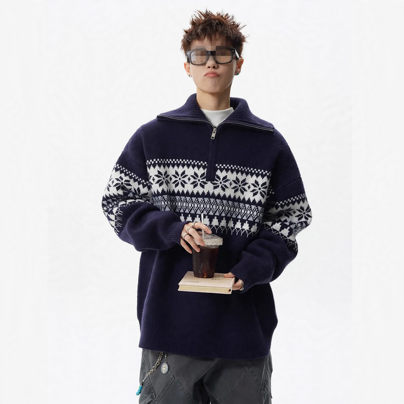 Unisex Strickpullover mit Stehkragen und Reißverschluss