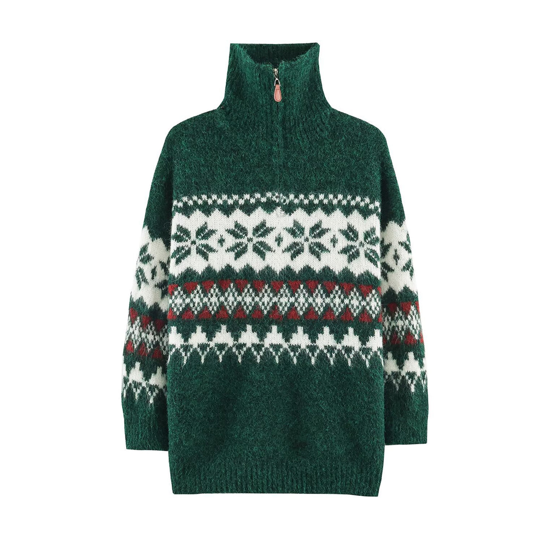 Weihnachtlicher Strickpullover mit Stehkragen und Reißverschluss