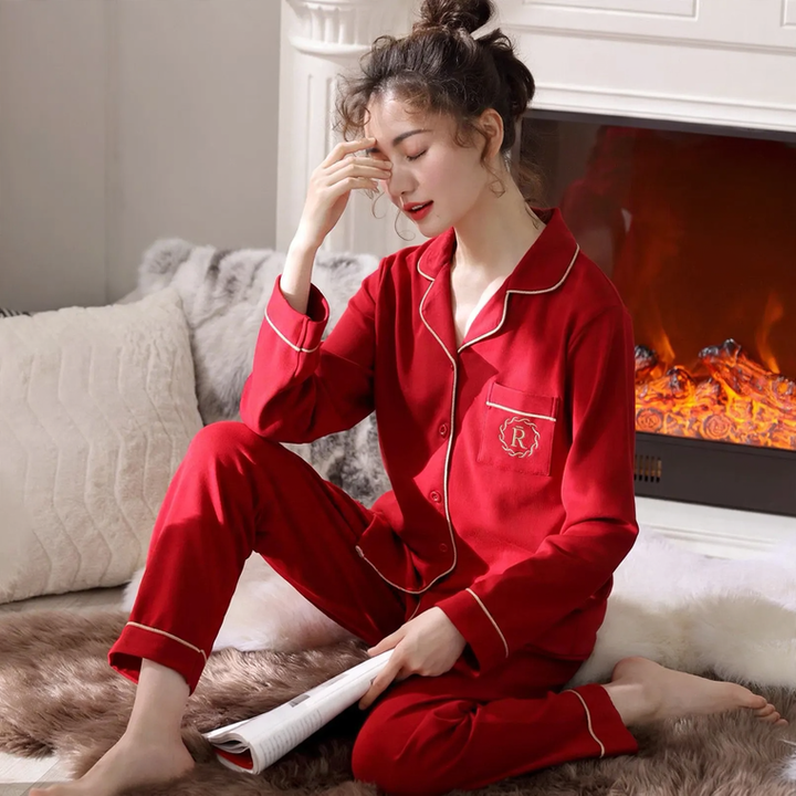 Damen-Pyjama-Set, Baumwolle, Langarm, Cartoon-Design